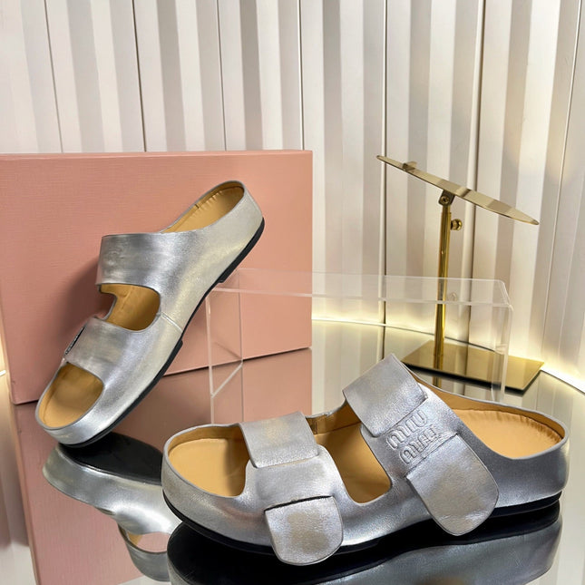 MIUMIU 26S DOUBLE-STRAP SLIDES IN SILVER CALFSKIN