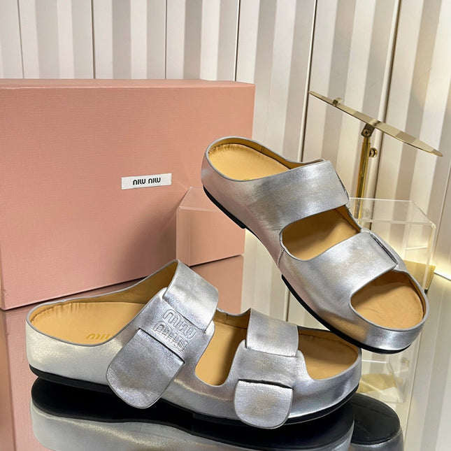 MIUMIU 26S DOUBLE-STRAP SLIDES IN SILVER CALFSKIN