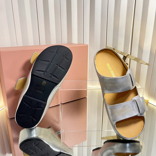 MIUMIU 26S DOUBLE-STRAP SLIDES IN SILVER CALFSKIN