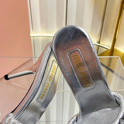 MIUMIU 26S HIGH-HEEL MULE SANDALS 85MM IN SILVER CALFSKIN GOLD HARDWARE