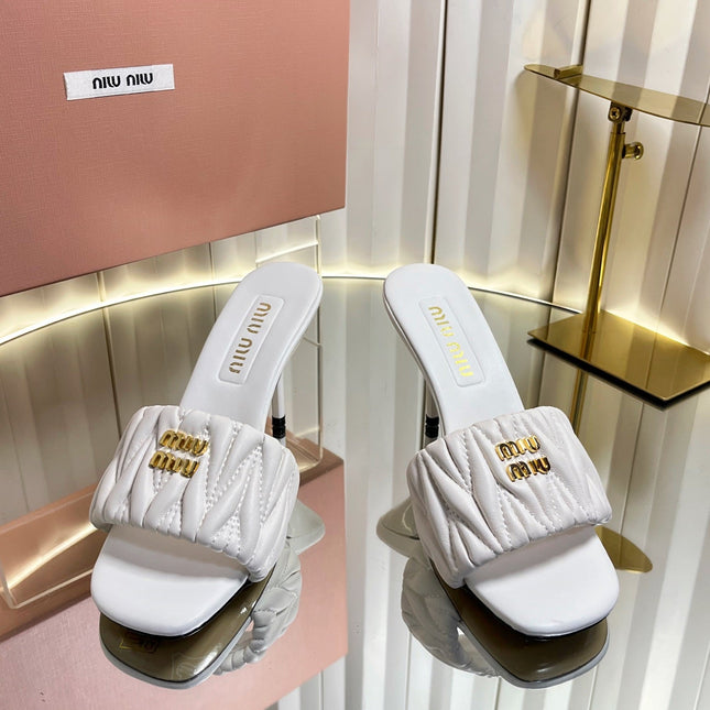 MIUMIU 26S HIGH-HEEL MULE SANDALS 85MM IN WHITE CALFSKIN GOLD HARDWARE