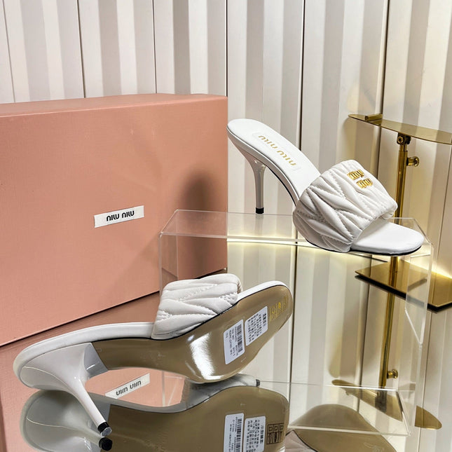 MIUMIU 26S HIGH-HEEL MULE SANDALS 85MM IN WHITE CALFSKIN GOLD HARDWARE