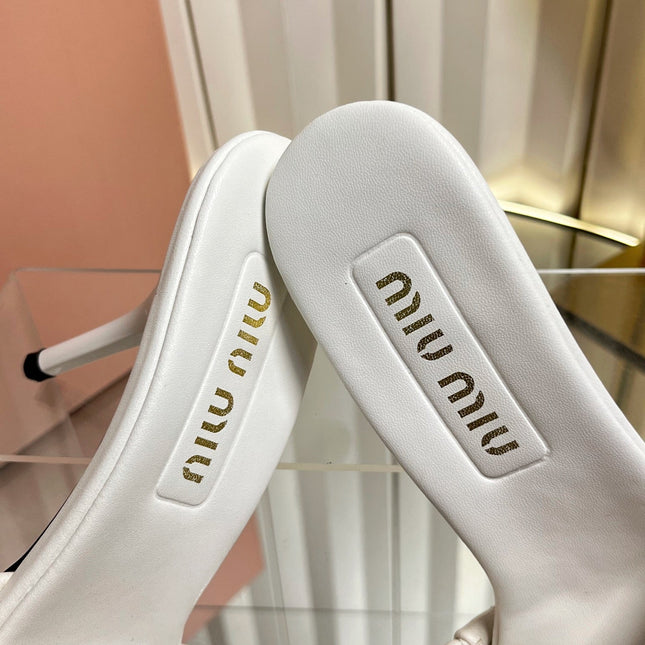 MIUMIU 26S HIGH-HEEL MULE SANDALS 85MM IN WHITE CALFSKIN GOLD HARDWARE