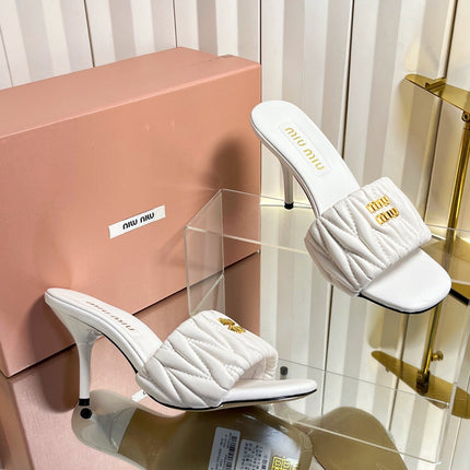 MIUMIU 26S HIGH-HEEL MULE SANDALS 85MM IN WHITE CALFSKIN GOLD HARDWARE