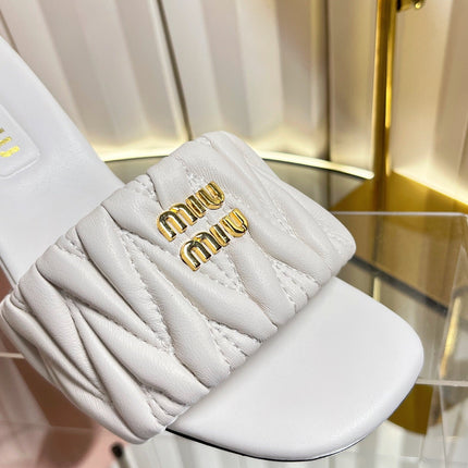 MIUMIU 26S HIGH-HEEL MULE SANDALS 85MM IN WHITE CALFSKIN GOLD HARDWARE