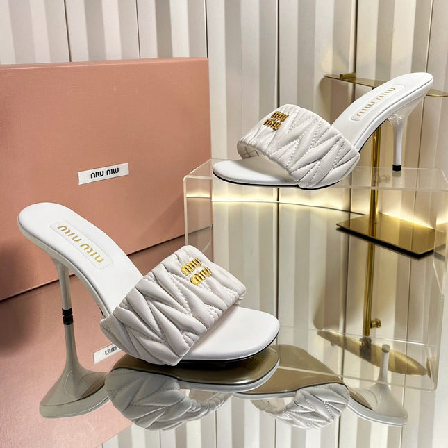 MIUMIU 26S HIGH-HEEL MULE SANDALS 85MM IN WHITE CALFSKIN GOLD HARDWARE