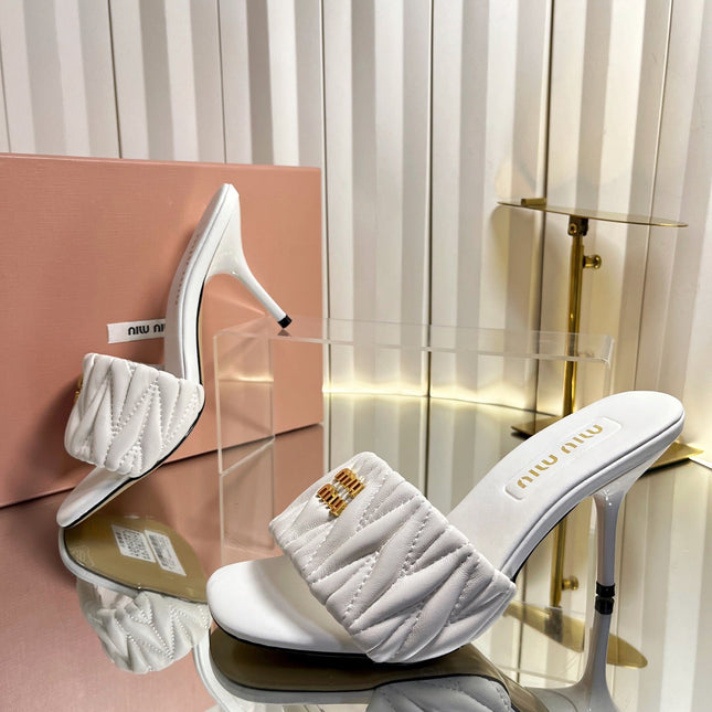 MIUMIU 26S HIGH-HEEL MULE SANDALS 85MM IN WHITE CALFSKIN GOLD HARDWARE