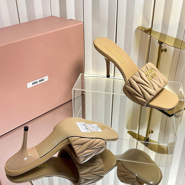 MIUMIU 26S HIGH-HEEL MULE SANDALS 85MM IN BEIGE CALFSKIN GOLD HARDWARE