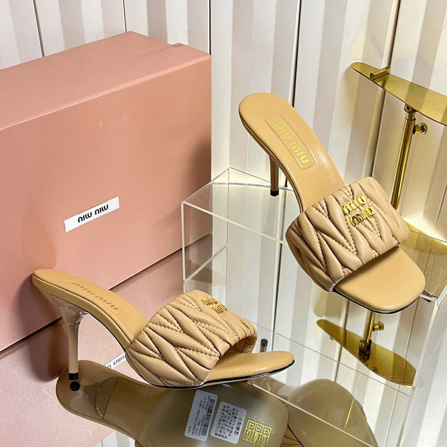 MIUMIU 26S HIGH-HEEL MULE SANDALS 85MM IN BEIGE CALFSKIN GOLD HARDWARE