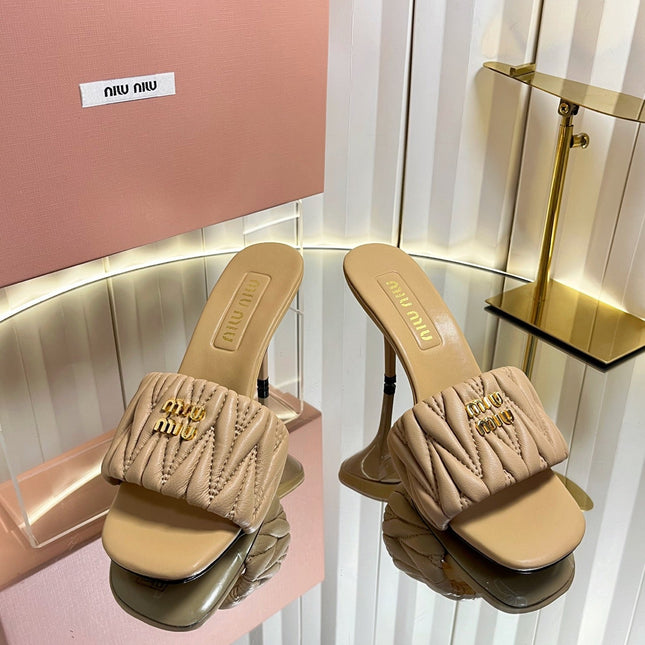 MIUMIU 26S HIGH-HEEL MULE SANDALS 85MM IN BEIGE CALFSKIN GOLD HARDWARE