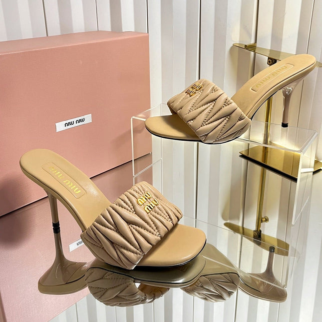 MIUMIU 26S HIGH-HEEL MULE SANDALS 85MM IN BEIGE CALFSKIN GOLD HARDWARE
