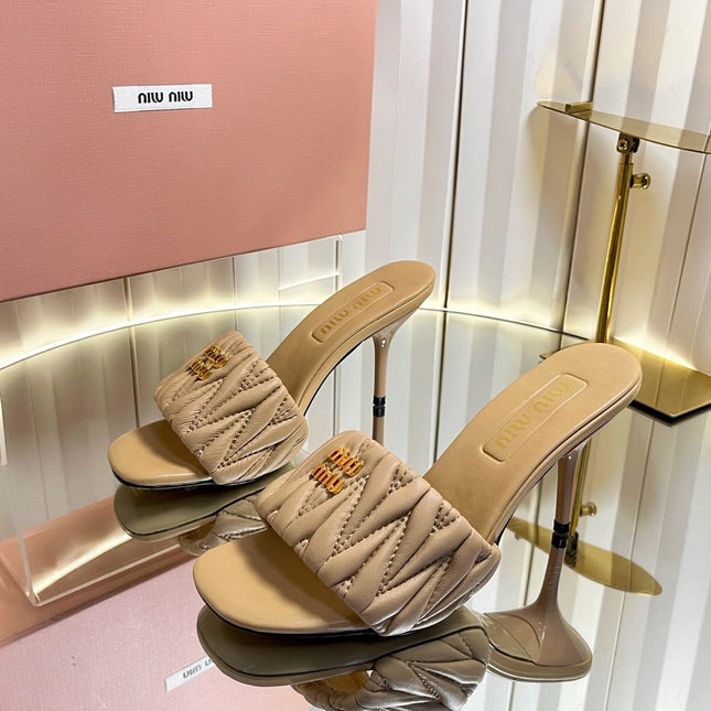 MIUMIU 26S HIGH-HEEL MULE SANDALS 85MM IN BEIGE CALFSKIN GOLD HARDWARE