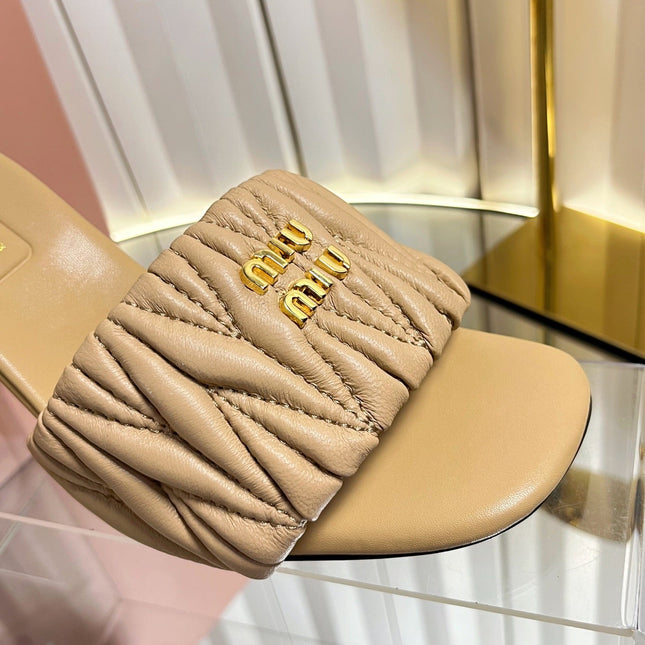 MIUMIU 26S HIGH-HEEL MULE SANDALS 85MM IN BEIGE CALFSKIN GOLD HARDWARE