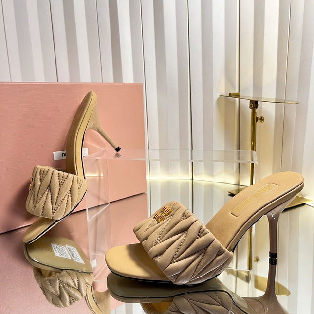 MIUMIU 26S HIGH-HEEL MULE SANDALS 85MM IN BEIGE CALFSKIN GOLD HARDWARE