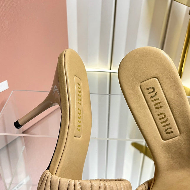 MIUMIU 26S HIGH-HEEL MULE SANDALS 85MM IN BEIGE CALFSKIN GOLD HARDWARE