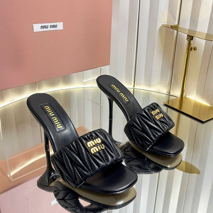 MIUMIU 26S HIGH-HEEL MULE SANDALS 85MM IN BLACK CALFSKIN GOLD HARDWARE