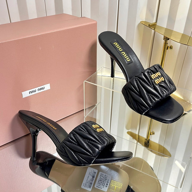 MIUMIU 26S HIGH-HEEL MULE SANDALS 85MM IN BLACK CALFSKIN GOLD HARDWARE