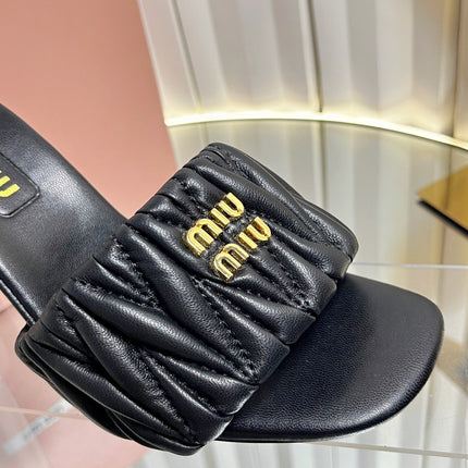 MIUMIU 26S HIGH-HEEL MULE SANDALS 85MM IN BLACK CALFSKIN GOLD HARDWARE