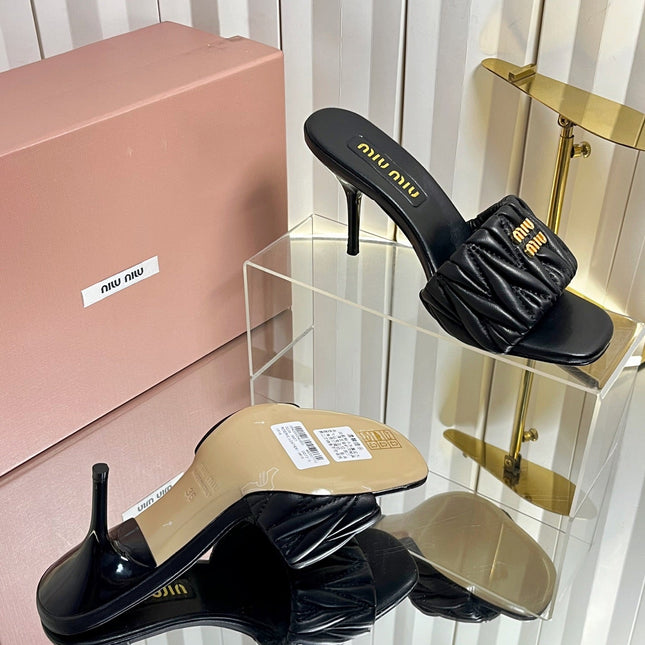 MIUMIU 26S HIGH-HEEL MULE SANDALS 85MM IN BLACK CALFSKIN GOLD HARDWARE