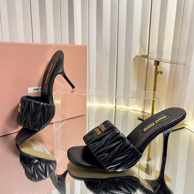 MIUMIU 26S HIGH-HEEL MULE SANDALS 85MM IN BLACK CALFSKIN GOLD HARDWARE