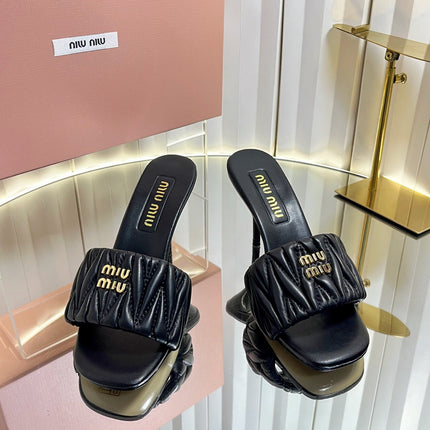 MIUMIU 26S HIGH-HEEL MULE SANDALS 85MM IN BLACK CALFSKIN GOLD HARDWARE