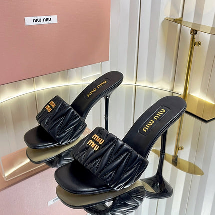 MIUMIU 26S HIGH-HEEL MULE SANDALS 85MM IN BLACK CALFSKIN GOLD HARDWARE