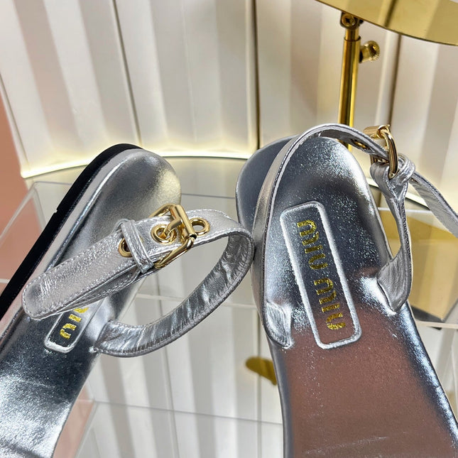 MIUMIU 26S SLINGBACK SANDALS IN SILVER CALFSKIN
