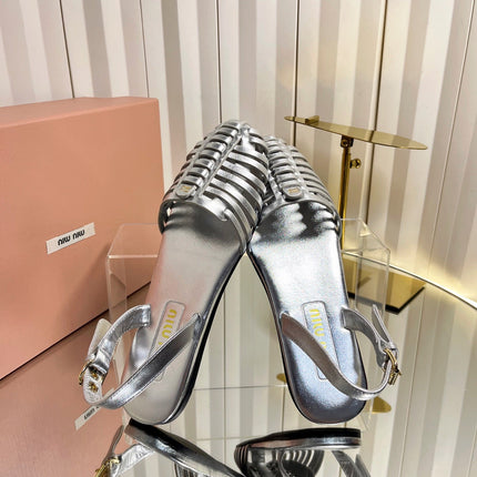 MIUMIU 26S SLINGBACK SANDALS IN SILVER CALFSKIN
