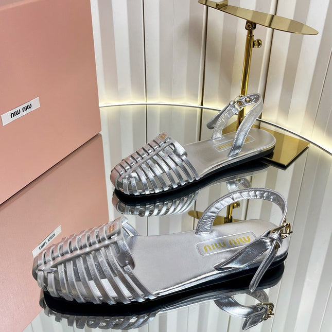 MIUMIU 26S SLINGBACK SANDALS IN SILVER CALFSKIN