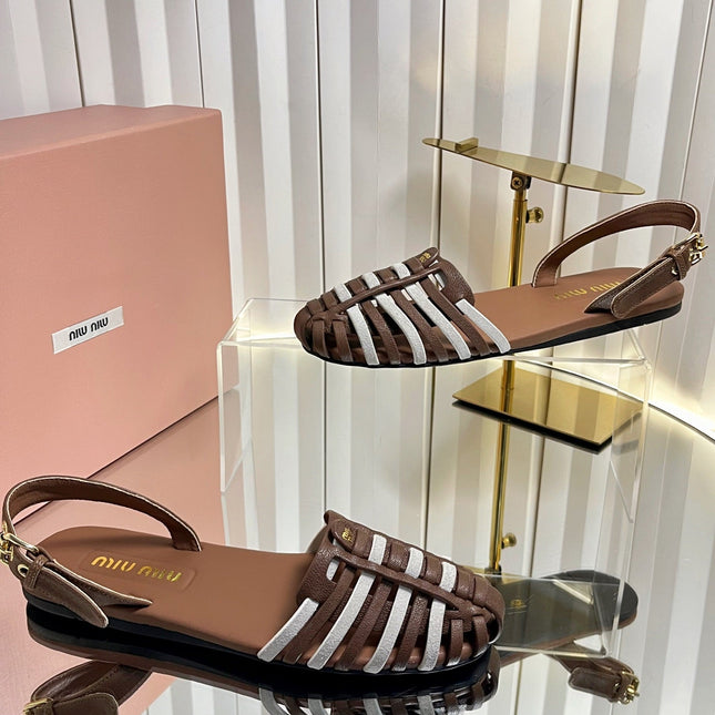 MIUMIU 26S SLINGBACK SANDALS IN DARK BROWN AND WHITE CALFSKIN