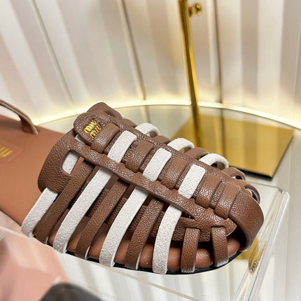 MIUMIU 26S SLINGBACK SANDALS IN DARK BROWN AND WHITE CALFSKIN