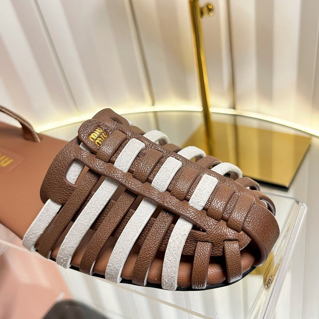 MIUMIU 26S SLINGBACK SANDALS IN DARK BROWN AND WHITE CALFSKIN