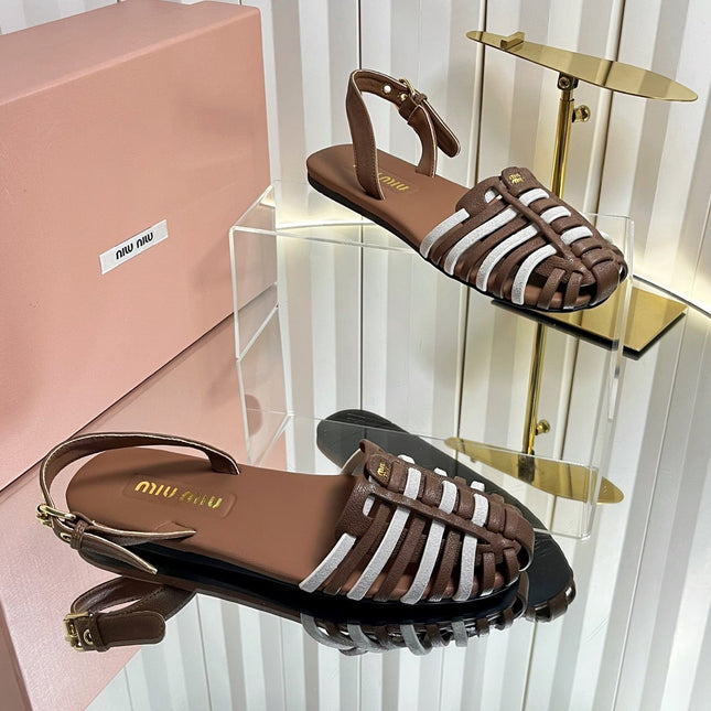 MIUMIU 26S SLINGBACK SANDALS IN DARK BROWN AND WHITE CALFSKIN