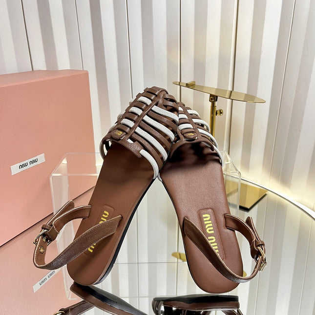 MIUMIU 26S SLINGBACK SANDALS IN DARK BROWN AND WHITE CALFSKIN