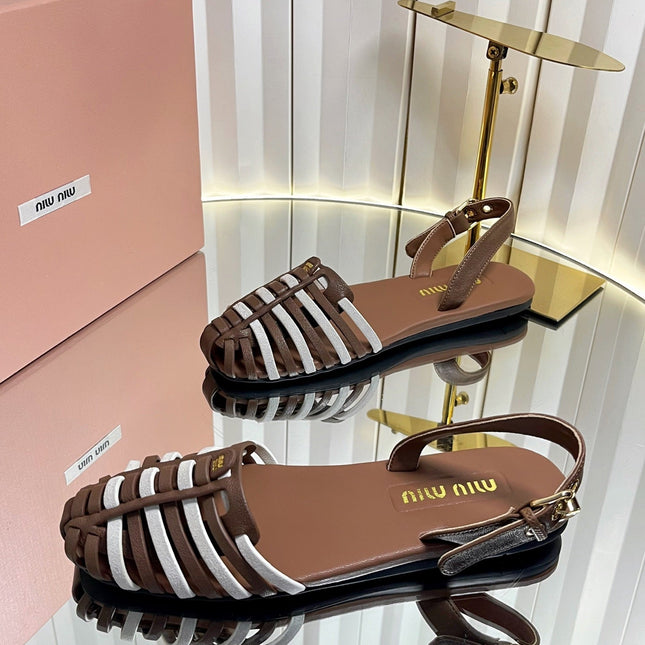 MIUMIU 26S SLINGBACK SANDALS IN DARK BROWN AND WHITE CALFSKIN