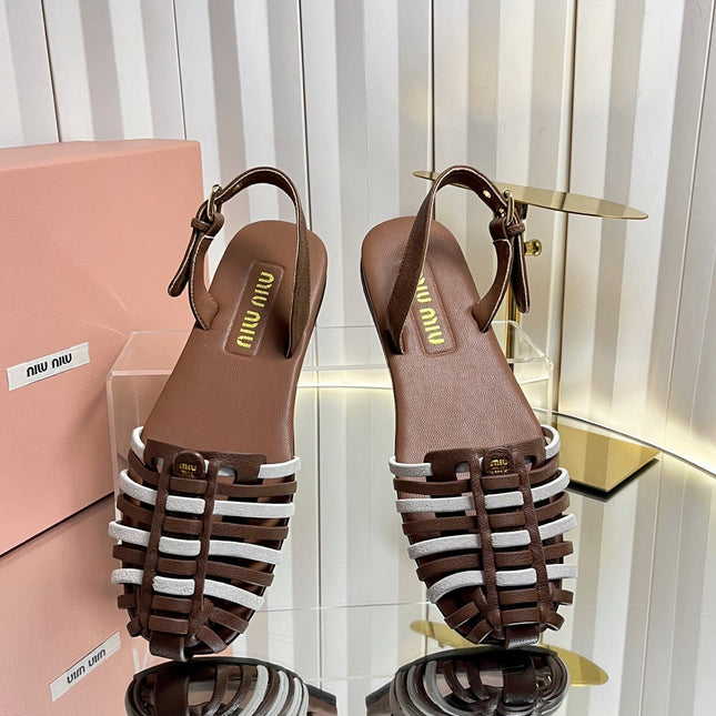 MIUMIU 26S SLINGBACK SANDALS IN DARK BROWN AND WHITE CALFSKIN