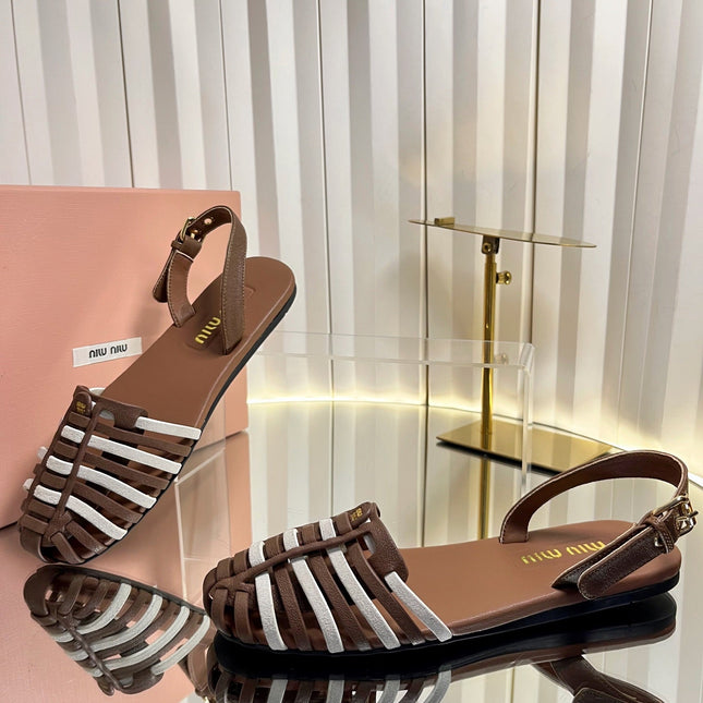 MIUMIU 26S SLINGBACK SANDALS IN DARK BROWN AND WHITE CALFSKIN
