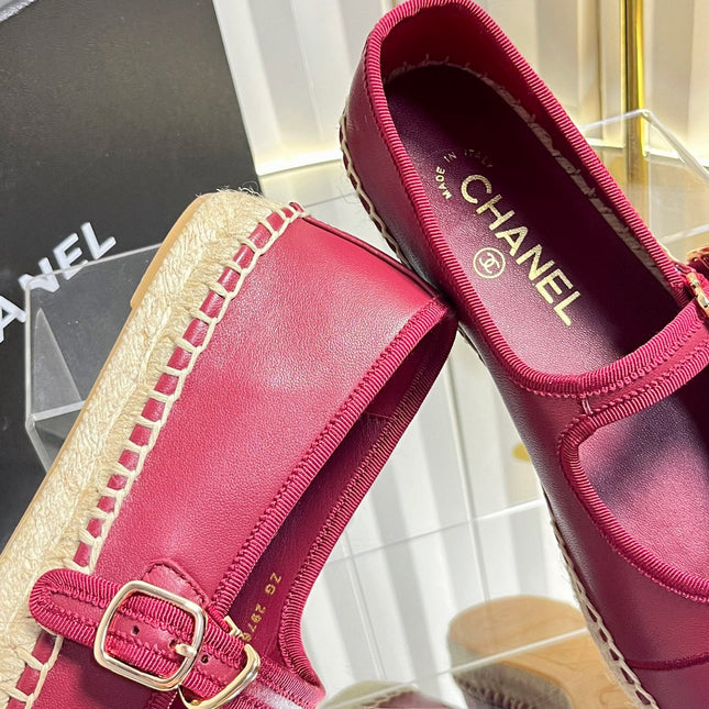 CHANEL 26S ESPADRILLE MARY JANE SHOES IN DARK RED LAMBSKIN