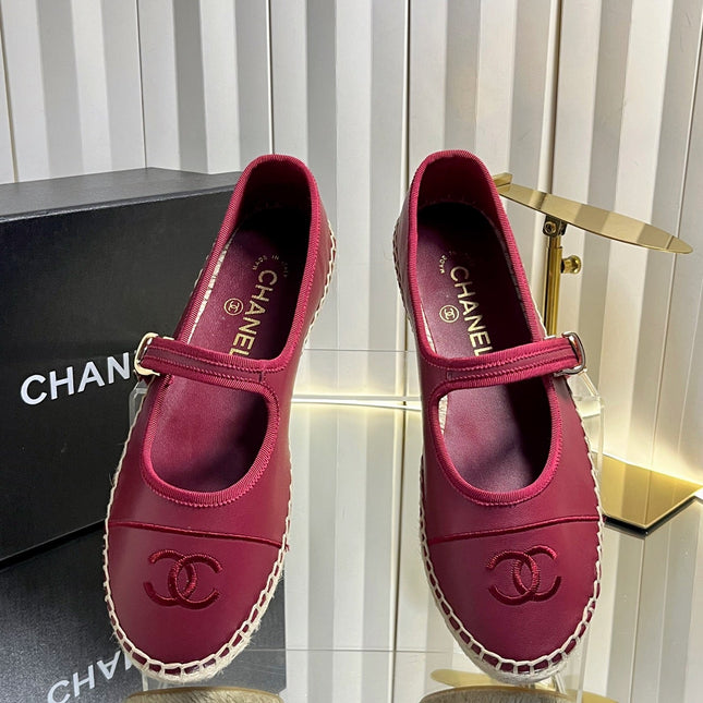 CHANEL 26S ESPADRILLE MARY JANE SHOES IN DARK RED LAMBSKIN