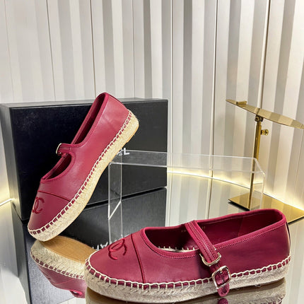 CHANEL 26S ESPADRILLE MARY JANE SHOES IN DARK RED LAMBSKIN