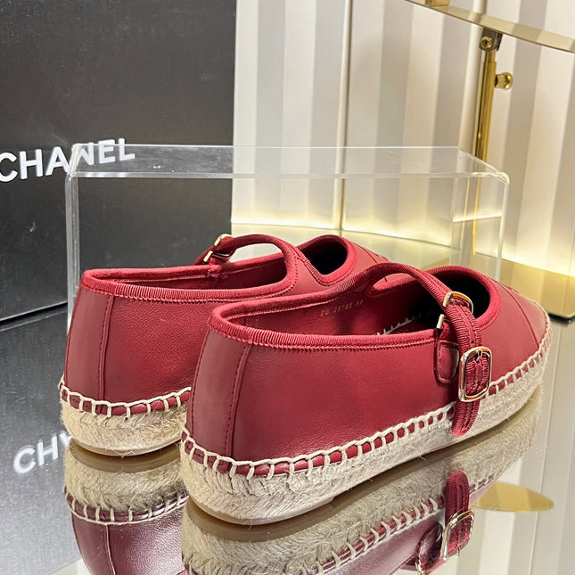 CHANEL 26S ESPADRILLE MARY JANE SHOES IN DARK RED LAMBSKIN
