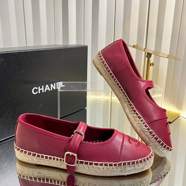 CHANEL 26S ESPADRILLE MARY JANE SHOES IN DARK RED LAMBSKIN