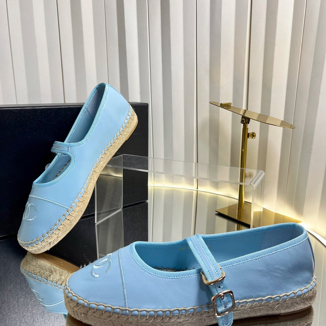 CHANEL 26S ESPADRILLE MARY JANE SHOES IN BLUE LAMBSKIN