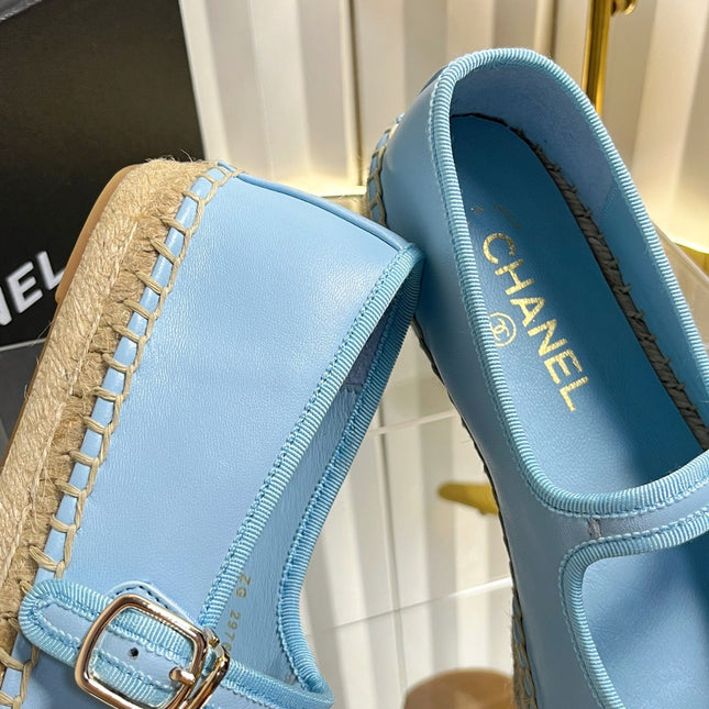 CHANEL 26S ESPADRILLE MARY JANE SHOES IN BLUE LAMBSKIN