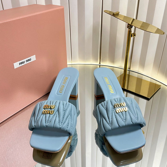 MIUMIU 26S PADDED MATELASSE MULE HEELS 65MM IN LIGHT BLUE CALFSKIN GOLD HARDWARE