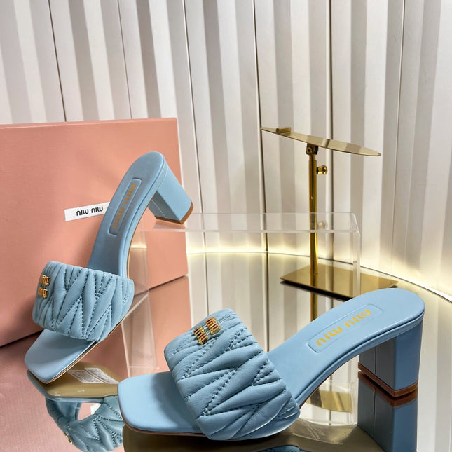 MIUMIU 26S PADDED MATELASSE MULE HEELS 65MM IN LIGHT BLUE CALFSKIN GOLD HARDWARE