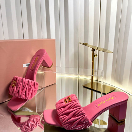 MIUMIU 26S PADDED MATELASSE MULE HEELS 65MM IN PINK CALFSKIN GOLD HARDWARE