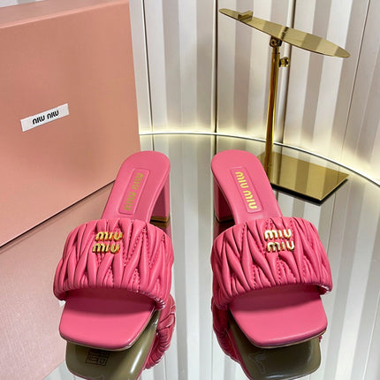 MIUMIU 26S PADDED MATELASSE MULE HEELS 65MM IN PINK CALFSKIN GOLD HARDWARE