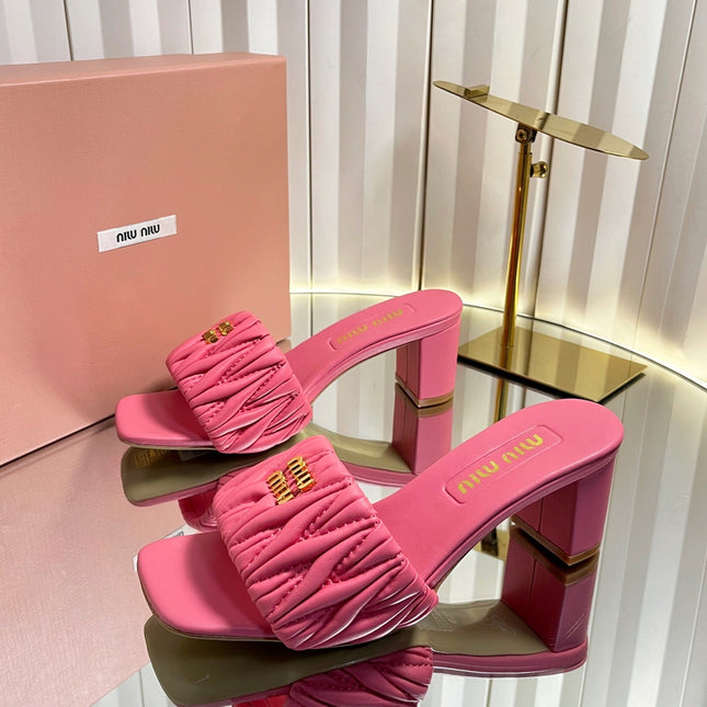 MIUMIU 26S PADDED MATELASSE MULE HEELS 65MM IN PINK CALFSKIN GOLD HARDWARE