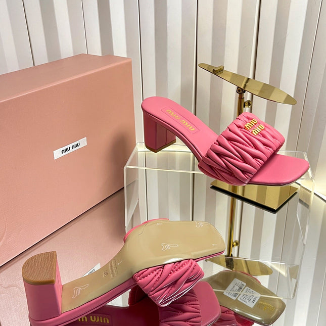 MIUMIU 26S PADDED MATELASSE MULE HEELS 65MM IN PINK CALFSKIN GOLD HARDWARE